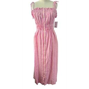 Goods For Life Smocked Button Front Maxi Dress Pink Red Stripes Linen Rayon Sz M